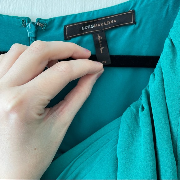BCBG Max Azria Silk Teal Sleeveless Draped A-Line Mini Dress - Picture 6 of 9